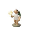 Dekorationsfigur eines Engels mit Kleeblatt aus Holz, vergoldet, auf einem runden Sockel.