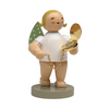 Dekorationsfigur eines Engels mit goldener Taschenuhr, auf runder Basis stehend.