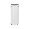 Runder, weißer Abfalleimer mit Touch-Öffnung und grauem Deckel in senkrechter Ansicht.