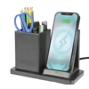Tischorganizer in Lederoptik mit Qi-Ladefunktion und Stifthalter für Bürobedarf und Smartphone.