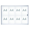 Schaukasten mit Platz für acht DIN A4-Blätter in flacher Bauweise und Kunststoff-Eckverbindungen.