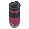 Rosa-matter Thermobecher mit schwarzem Griff und SnapSeal-Verschluss, von oben betrachtet.