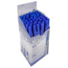 Karton mit 50 blauen Einwegkugelschreibern NOW in transparenter Verpackung.