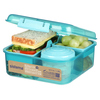 Bento-Würfel Lunchbox mit Sandwich, Trauben und Joghurtbecher in transparentem Kunststoff.