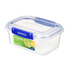 Transparente Vorratsdose mit blauen Clips und Dichtung, für Lebensmittelaufbewahrung geeignet.