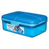 Blaue Lunchbox mit Deckel und transparentem Boden, geeignet für die Aufbewahrung von Lebensmitteln.