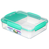 Transparente Lunchbox mit grünen Clips und zwei Innenfächern für Snacks unterwegs.
