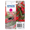 Epson Tintenpatrone 503 in Magenta auf Verpackung mit roten Chilischoten im Hintergrund.