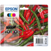 Epson Tintenpatrone 503 im Multipack mit schwarz, cyan, magenta und gelb auf buntem Hintergrund.