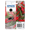 Epson Tintenpatrone 503 schwarz in Verpackung mit roten Chilischoten im Hintergrund.
