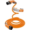 Orangefarbiges Helix® Ladekabel für Elektroautos, spiralförmig gewunden, mit Steckdosen.