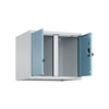 Offener Aufsatzschrank Evolo PLUS mit zwei seitlichen, blauen Türen und Schloss.