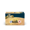 Tee-Packung mit der Aufschrift "Rooibos Vanille-Karamell & Blüten", verziert mit bunten Blumen.