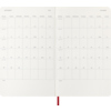 Offene Innenansicht eines Moleskine Buchkalenders für 2026 mit Wochenterminen und Notizseite.