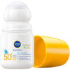 Roll-On Sonnenschutzmittel für Babys und Kinder in weißer Flasche mit gelbem Deckel.