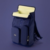 KWIO Schulranzen BAGG in Dunkelblau mit geöffnetem Rolltop und zwei Fronttaschen.