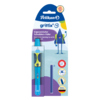 Ergonomischer Füllfederhalter für Linkshänder in neonfrischem Blau mit Verpackung.