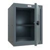 Anthrazitfarbener Schließfachschrank mit offenem Tür und einem verstellbaren Regalboden.