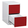 Hängeregistraturschrank mit rot-weißem Design und offener Schublade.