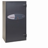 Dunkelgrauer Wertschutzschrank mit Doppelbartschloss und ovaler Türverkleidung.