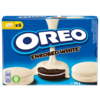Verpackung von OREO Gebäck White Enrobed mit drei Keksen und Schokoladenüberzug.