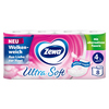 Packung Zewa Ultra Soft Toilettenpapier mit 8 Rollen und Hinweis auf alternative Fasern.