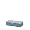 Klappbox mit floralem Muster auf blauem Hintergrund, offen und ohne Inhalt abgebildet.
