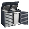 Mülltonnenbox in Silber mit zwei Klapptüren und einer abgedeckten Mülltonne sichtbar im Innenraum.