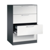 Hängeregistraturschrank mit drei Schubladen, offenstehend, in lichtgrau und schwarzgrau.