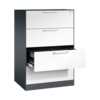 Hängeregistraturschrank mit drei Schubladen in verkehrsweiß und schwarzgrau, teilweise geöffnet.