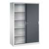 Schiebetürenschrank in lichtgrau und schwarzgrau mit fünf Regalfächern und ergonomischen Griffen.