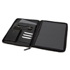 Schreibmappe in Schwarz mit mehreren Fächern und einem gepolsterten Fach für Tablet oder Laptop.