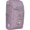 Lila Kindergartenrucksack mit Punkten und einem Reh-Design, Seitenansicht.