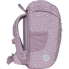 Rosa Kindergartenrucksack mit Punkten, seitliche Ansicht und gepolstertem Rücken.