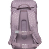 Rucksack in lila mit Punkten, Rückansicht, gepolsterten Trägern und verstellbaren Schnallen.