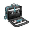Schwarz-türkisfarbene Werkzeugtasche mit offenen Fächern für Laptop und Zubehör.
