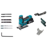 Akku-Pendelhubstichsäge mit Zubehörteilen wie Sägeblättern und Werkzeug zur Arretierung.