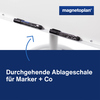Durchgehende Ablageschale für Marker auf einem Flipchart mit Markenlogo oben rechts.