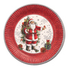 Runder Pappteller mit Weihnachtsmann-Motiv und rotem Rand.