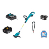 Makita Rasentrimmer mit Akkupack, Ladegerät, Akku und Zubehörteilen auf weißem Hintergrund.