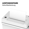 Aktenvernichter mit Papiereinzug und Bedienfeld, der ein Blatt Papier verarbeitet.