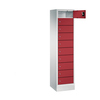 Schließfachschrank mit 10 roten Fächern und offener Tür in Seitenansicht.