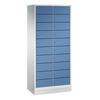 Schließfachschrank mit 20 Fächern, zwei Reihen, blauen Türen und stabiler Stahlkonstruktion.
