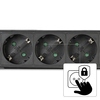 Schwarze Steckdosenleiste mit sechs Steckdosen und Sicherheitssymbol.