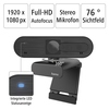 Webcam mit 360° drehbarem Kopf, integrierter LED-Anzeige und technischen Details in Grafikform.