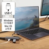 USB-C-Hub mit 4 Anschlüssen ist an einen Laptop angeschlossen, Bildschirm im Hintergrund sichtbar.