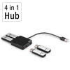 USB-Hub mit vier Anschlüssen, ebenfalls mit drei USB-Sticks abgebildet, Stromversorgung über USB.