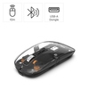 Optische kabellose PC-Maus mit transparentem Design, USB-Dongle und Bluetooth-Symbol.