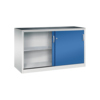 Werkzeugschrank in enzianblau mit Schiebetüren, Innenregal und Mitteltrennwand.
