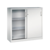 Stahl-Werkzeugschrank mit Schiebetüren, lichtgrau, zwei Regalböden und ergonomischen Griffen.